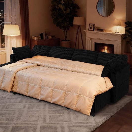 110" Corduroy U-Shape Sofa Bed with Adjustable Backrests, Upholstered Pull Out Sofa Bed with USB Ports, Convertible Sectional Sleeper Couch with Storage Chaise for Living Room, House, Black