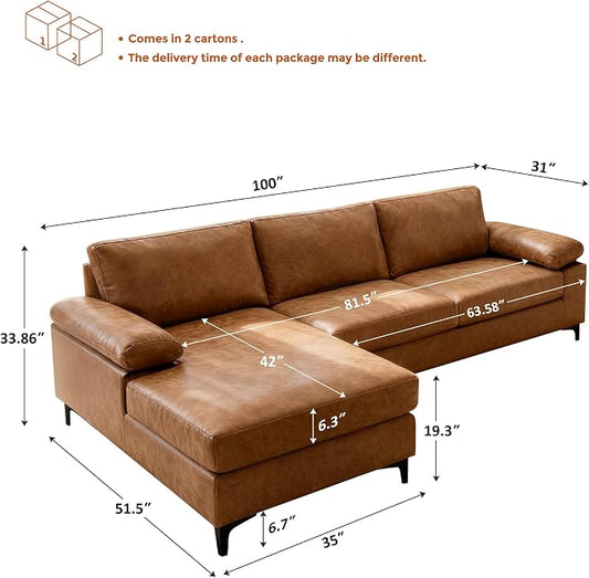 VANOMi Faux Leather Couch for Living Room, 100" Sofas & Couches with Convertible Chaise 3-Seater Sectional Sofas for Living Room, Apartment, Office, Brown | Right/Left L-Shaped