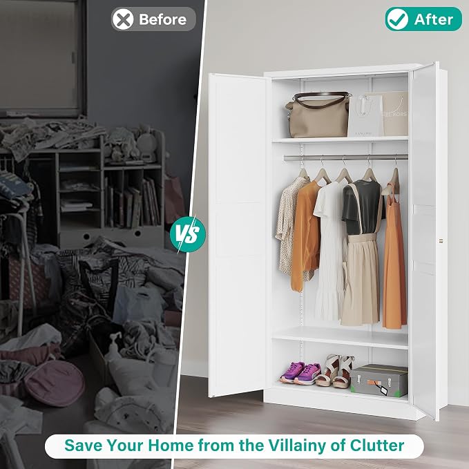 Metal Wardrobe Cabinet,Armoire Wardrobe Closet with doors,White Metal Clothing Storage Cabinet with Adjustable Shelves and Hanging Rod,72" Tall Cloth Storage Cabinets for Home,Bedroom Armoires,Laundry