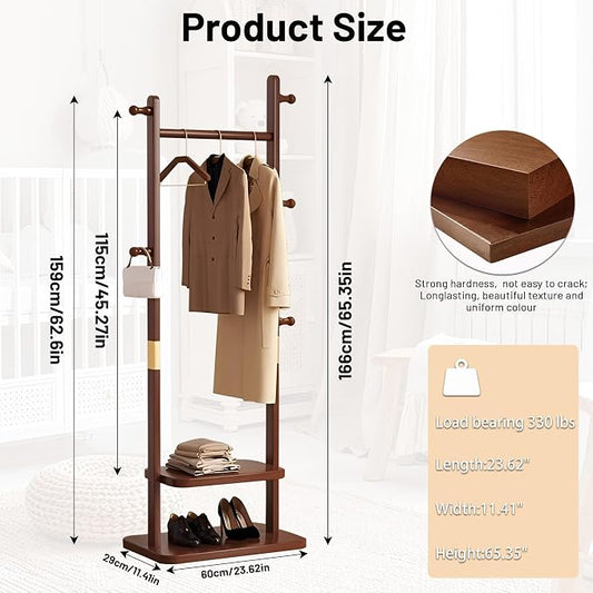 Wooden Coat Rack Freestanding, Hall Tree Hanger With Resin Hooks, Adjustable Heavy Duty Coat Rack for Hanging Clothes Bags Hats in Living Room Bedroom (coat rack, Walnut-23.6x11.4x62.6 in)