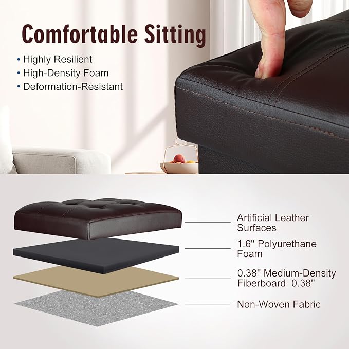Storage Ottoman, Slim Tall Foot Stool with Thicker Foam Padded Seat. Folding Leather Foot Rest Furniture with Handles & Side Pocket. Ottoman with Storage for Living Room 350 lbs, 17x13x17in, Brown