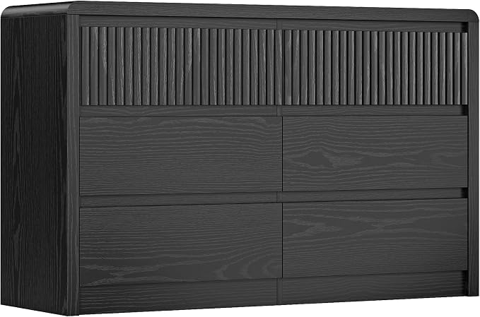 LYNSOM 6 Drawer Dresser for Bedroom, 50" Wide Fluted Dresser with Curved Corners, Wood Dressers & Chests of Drawers with Dual-Panel Design for Bedroom, Entryway, Black