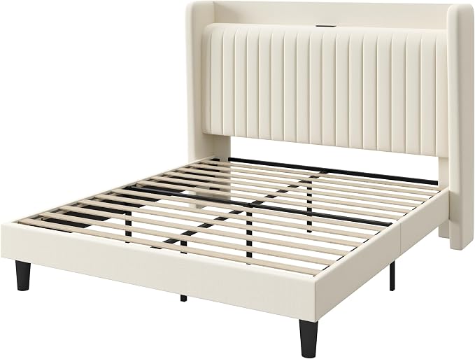 SHA CERLIN Full Size Velvet Bed Frame with USB Charging Station, Wingback Storage Headboard, Upholstered Platform Bed with Wooden Slats Support, No Box Spring Needed, Easy Assembly, Cream White