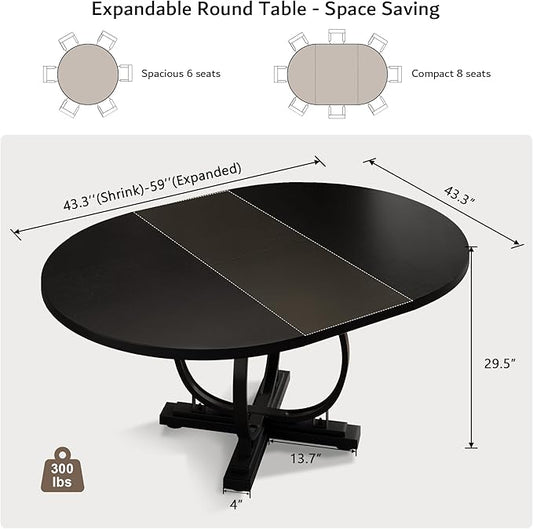 iPormis 59'' Extendable Round Dining Table for 4 to 6, Oval Kitchen Table with Sturdy X-Base Metal Legs, MDF Board with Backboard Clasp, Space Saving, Easy Assembly, Kitchen Dining Living Room, Black