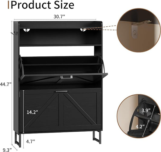 Shoe Cabinet with 2 Flip Drawers, Freestanding Hidden Shoe Storage Organizer for Entryway, Narrow Slim Shoe Rack Cabinet with Open Storage & Hooks for Front Door Entrance, Living Room, Hallway, Black