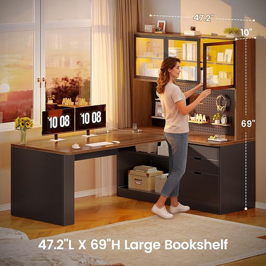 SEDETA L Shaped Office Desk, Computer Desk with 3 Wood Drawer and Large Bookshelf, L Shaped Corner Gaming Desk with LED Light, Display Cabinet and Pegboard, 27.5" W Large Desktop Table, Brown
