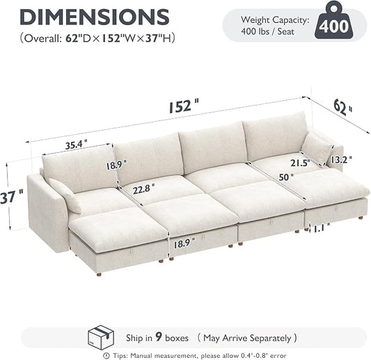 Ihanherry 152" Oversized Modular Sectional Sofa, Modern Cloud Couch with 4 Storage Ottoman, 8-Seat Comfy Chenille Deep Seat Sofa with 2 Pillows for Living Room, Beige