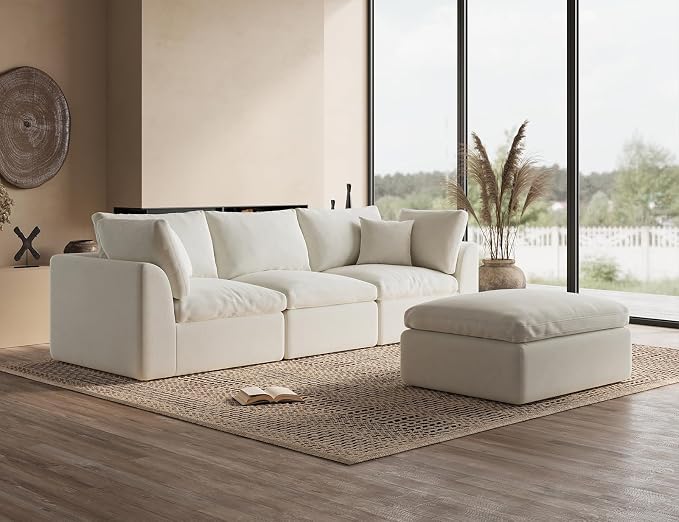 ohllob 110" Cloud Sectional Couches for Living Room, Convertible L-Shape Couch with Ottoman, 3 Seater Modular Sectional Sofa, Warm White