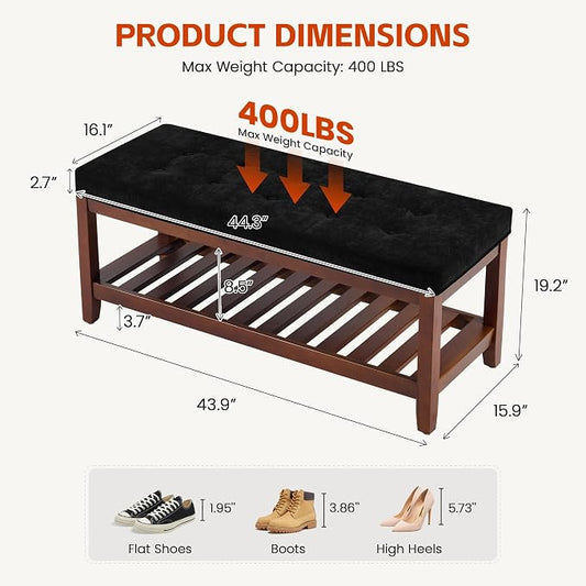 HUBSON 44" Entryway Shoe Bench, Upholstered End of Bed Bench with Solid Wood Shelf, Button Tufted Shoe Bench for Bedroom, Hallway, Living Room, Dark Grey