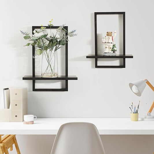 PHOENANCEE Square Floating Shelves,Wall Plants Holder,Bathroom Wall Decor,Framed Decorative Shelf Black,Modern Chic Set of 2 for Living Room Bedroom Home Office,Soild Wood,L+S