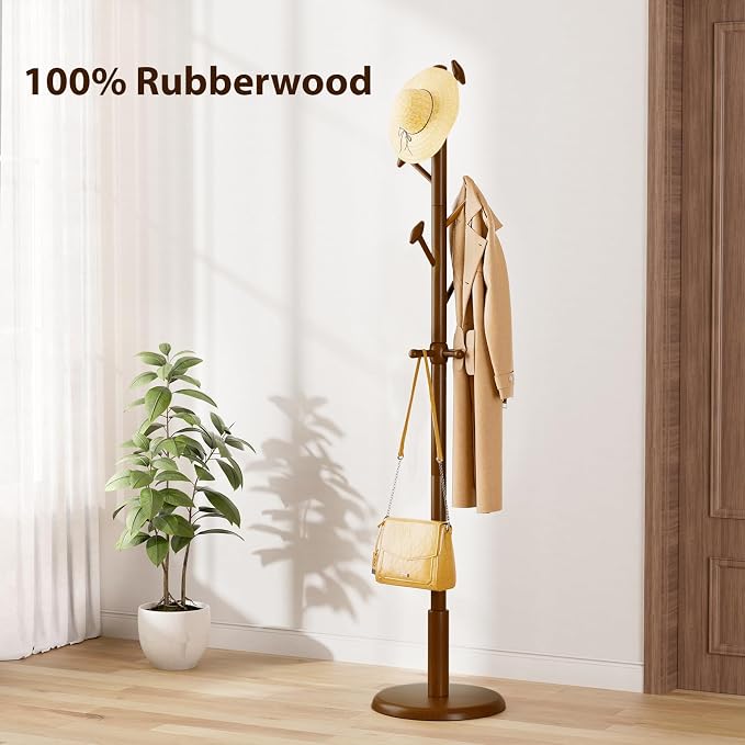 Taitiy Solid Wood Coat Rack Freestanding Coat Tree with 10 Hooks for Bedroom, Livingroom, Entryway, Sturdy Coat Hanger Stand for Hats, Coats, Scarves, Handbags, Purses