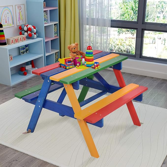 Costzon Kids Picnic Table, Fir Wood Kids Outdoor Table and Chairs with Removable Umbrella, Toddler Picnic Table for Patio, Backyard, Garden (Multicolor)