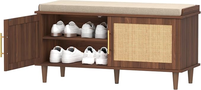 Akxomel Rattan Shoe Storage Bench with Cushion, 2-Tier Entryway Bench with Adjustable Shelves and 2 Doors, 15" D x 39.4" W x 20" H, Solid Wood Legs, for Hallway, Living Room, Bedroom, Walnut