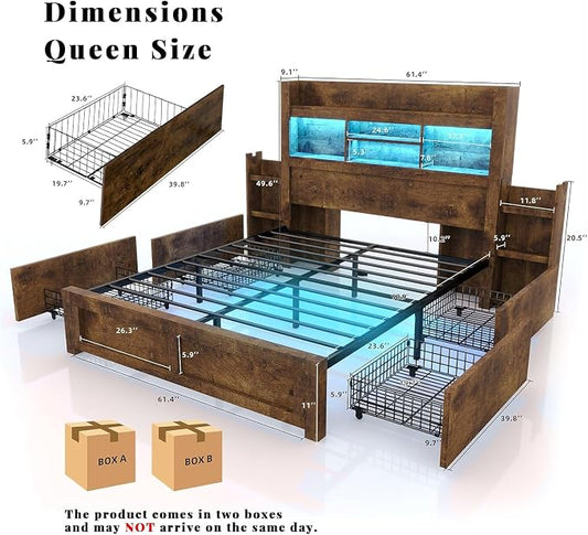 LUXOAK Queen Bed Frame with 49.6" Bookcase Headboard & 2 Detachable Bedside Stoage Racks & 4 Drawers, Farmhouse Wood Bed Frame with RGB LED & Charging Station, No Box Spring Needed, Rustic Brown