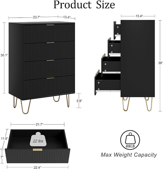 Masupu 4 Drawer Dresser, Drawer Chest, Tall Storage Chest Cabinet Organizer Unit with Metal Legs, Small Dresser for Bedroom, Living Room, Closet, Hallway Black Stripe