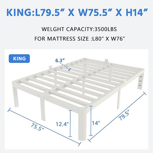 White King Size Bed Frame 14 Inch, Metal Camas King Bed Frame No Box Spring Needed, Heavy Duty Steel Support 3500 LBS, DIY Headboard, Noiseless, Round Corner Legs, Storage Space, Easy Assembly