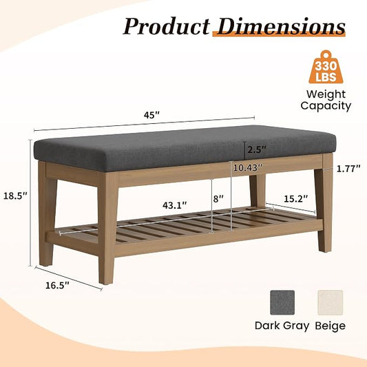Apicizon 45" Shoe Rack Bench with Upholstered Cushion, Solid Rubberwood Entryway Shoe Bench, Modern Chenille Ottoman Bench with Storage for Hallway Bedroom Living Room Front Door Entrance, Dark Gray