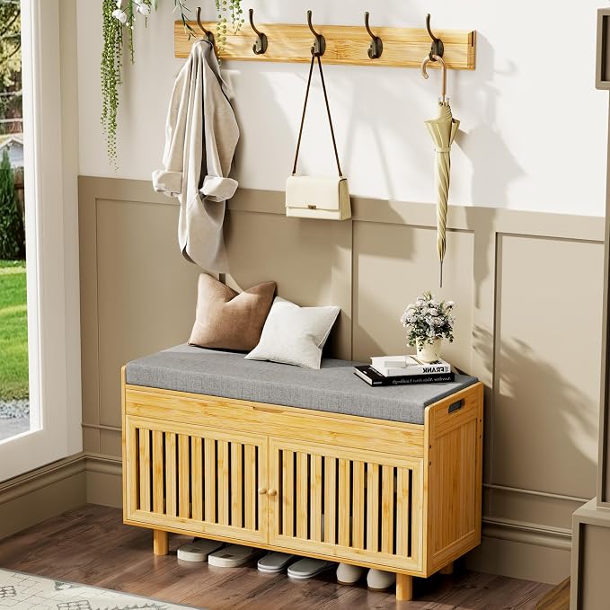 Shoe Storage Bench Coat Rack Set, 35.4" Bamboo Shoes Bench with Lift Top Hidden Storage & Wall Hooks, Hall Tree Entryway Bench with Seat Cushion, 2-Tier Shoe Cabinet for Entryway, Living Room, Bedroom