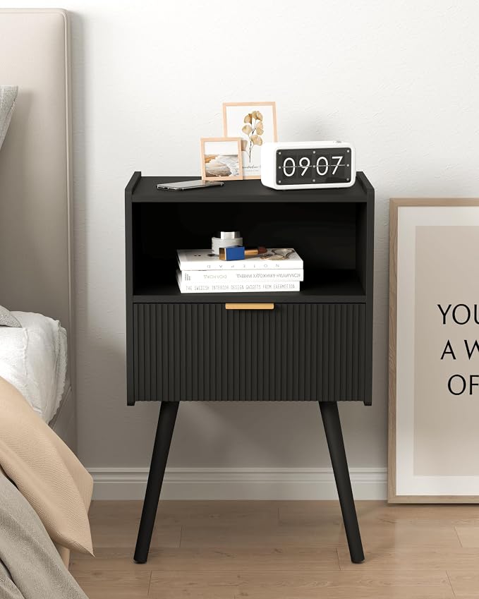 JOONEE Black Nightstand,Modern Bedside Table with Storage Drawer and Open Wood Shelf, for Living Room, Bedroom and Small Spaces, Accent Night Stand with Solid Wood Legs, Easy Assembly,Classic Black