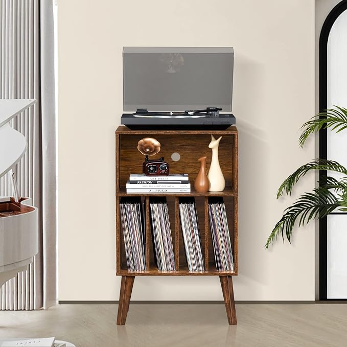 Lerliuo Record Player Stand, Brown Turntable Stand Holds up to 160 Albums, Mid-Century Vinyl Storage Cabinet Table with Solid Wood Legs, Record Player Holder Dispaly Shelf for Bedroom Living Room