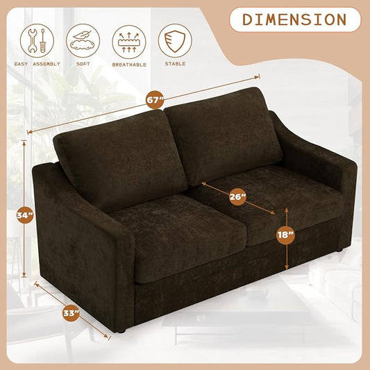 67” Chenille Loveseat Sofa w/Comfortable Back Cushions, Brown | Modern 2-Seat Couch w/Deep Seat Space, Upholstered 2 Seaters Sofa w/High Resiliency Foam for Living Room