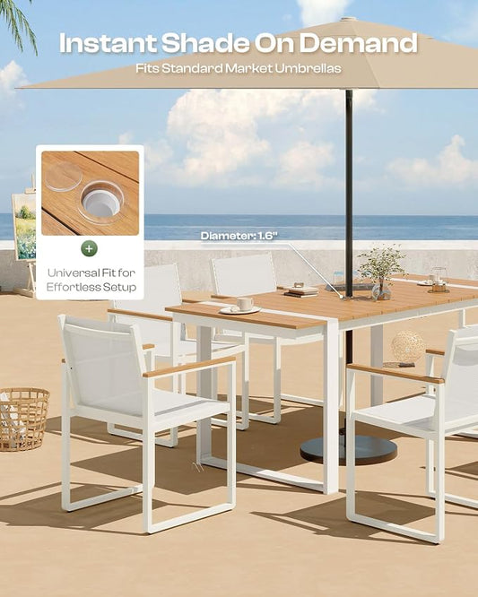 Outdoor Dining Table for 6, HDPS+ Aluminum Patio Dning Table with U-Shape Leg, Size: 67.4"*32.3"*29.6",Modern Rectangular Table for Lawn, Garden (White-Teak)