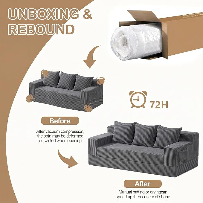 78.5” Convertible Sofa Bed,Corduroy 3 Seater Boneless Couch Bed Futon,Fold Out Couch with 3 Pillows,Loveseat Sleeper with Pull Out Bed for Living Room, Guest,Bedroom,Grey