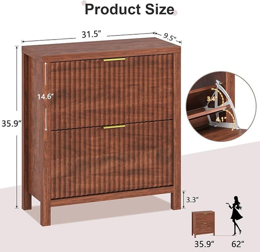 YOMILUVE Shoe Cabinet Storage for Entryway, Fluted Shoe Cabinet with 2 Flip Drawers, Hidden Shoe Rack Tall Freestanding Shoe Organizer with Legs for Hallway, Walnut