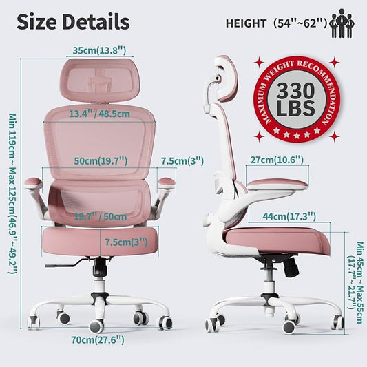 TRALT Office Chair Ergonomic Desk Chair, 330 LBS Home Mesh Office Desk Chairs with Wheels, Comfortable Gaming Chairs (1, Pink)