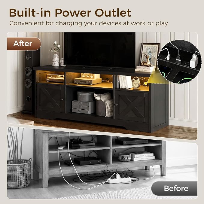 Casaottima TV Stand for 65 Inch TV, Farmhouse Entertainment Center with Power Outlet & LED Light and Storage Cabinets, Console Table and Media Furniture for Living Room Bedroom, Black