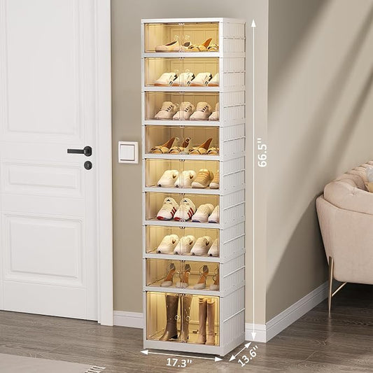 SYNCVIBE Shoe Rack Organizer for Closet Entryway 9 Tiers-18 Pairs Foldable Sneaker Storage Shoe, Collapsible Shoe Cabinet with Doors, Stackable Shoe Storage Cabinet with Lids for Living Room