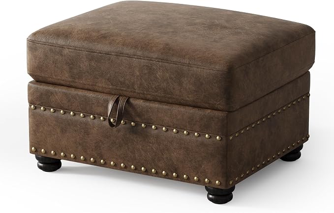 ONBRILL Faux Leather Ottoman with Storage, Rectangle Ottoman Coffee Table with Nailhead Trim, Solid Wood Legs, Oversized Upholstered Footrest Stool for Living Room, Bedroom, Apartment, Brown
