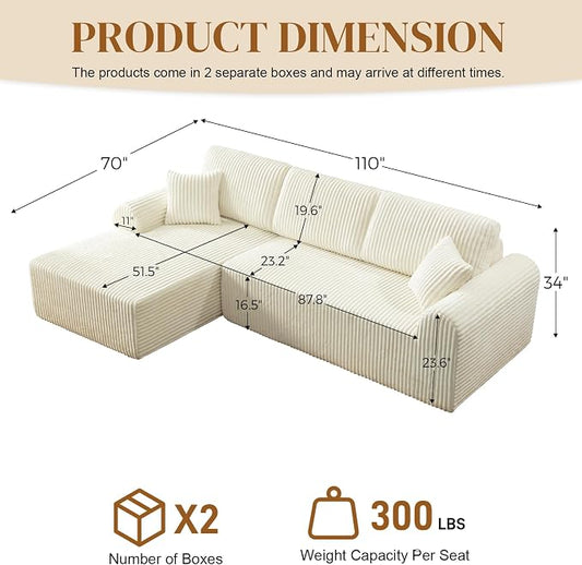 110" L Shaped Boneless Sectional Couches for Living Room, Comfy Corduroy Floor Cloud Sofa with Chaise, Wide Armrest, Deep Seat, Memory Foam, Assembly Free, Ideal for Small Spaces, Beige