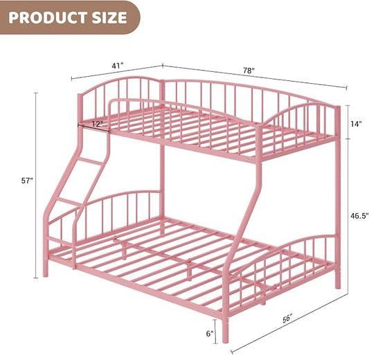 GarveeHome Metal Bunk Bed Twin Over Full, Heavy Duty Bunkbeds Frame with Arched Guardrail and Safety Ladder, Sturdy Steel Bed for Kids Boys Girls, Space-Saving, No Box Spring Needed, Pink