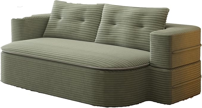 78.7" Futon Sofa Bed, 2-in-1 Foldable Sleeper Sofa, Convertible Floor Couch with Pillows, Corduroy Couch, Multi Functional Blanket, Upholstered Boneless Couches for Living Room, Forest Green