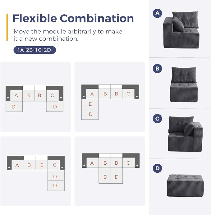 MAXYOYO 129.5" Modular Sectional Sofa Couch, U Shaped Modern Cloud Couch with 2 Ottomans, Sofa in A Box, Tufted 6-Seat Boneless Chair for Living Room, No Assembly Required, Grey