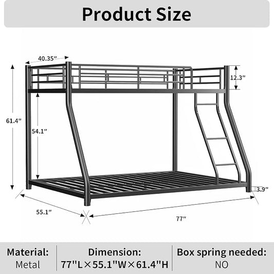 Metal Bunk Bed Twin Over Full Size with Removable Stairs, Heavy Duty Sturdy Frame with Full Length Safety Guardrail for Teen & Adults, Teens, No Box Spring Needed (Black)