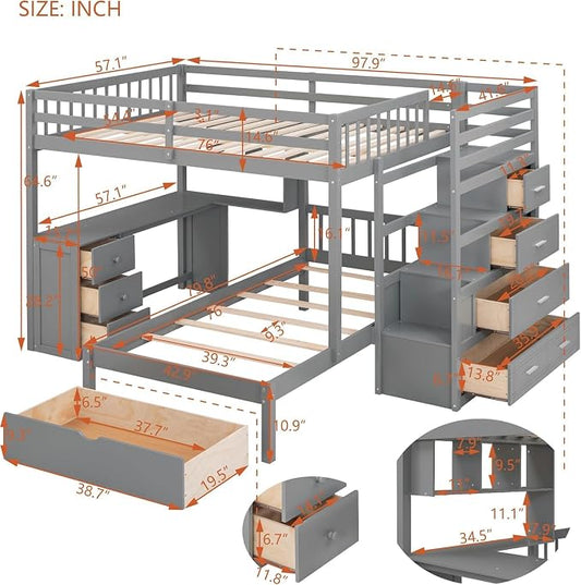 MERITLINE Full Over Twin L Shaped Bunk Bed with Stairs and Desk,Solid Wood L-Shaped Bunk Bed with Storage Drawers,Shelves,Ladder,Headboard and Guardrail,No Box Spring Needed (Grey)