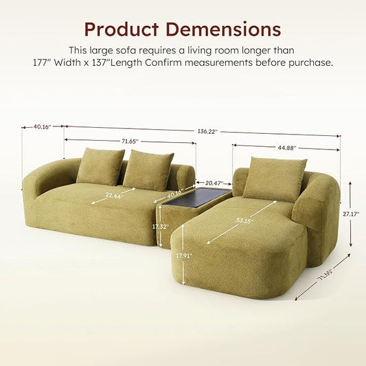 Relefree 136'' Modular Sectional Sofa, No Assembly Curved Sofa with Movable Coffee Table, High-Resilience Foam, Boneless Couch for Living Room, Oversized, Chenille, Thick Backrest, Green