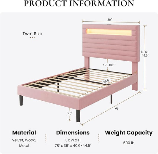 SHA CERLIN Twin Bed Frame with LED Light & 2-Tier Storage Shelf, Velvet Upholstered Adjustable Headboard with Charing Station, Horizontal Channel Tufted, No Box Spring Needed, Easy Assembly, Pink