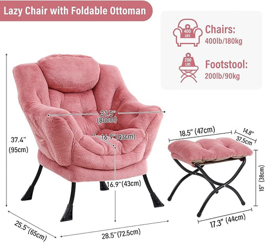 Furlide Lazy Chair with Ottoman, Modern Accent Chair with Armrests and a Side Pocket, Plush Dark Pink Accent Chairs, Reading Chairs, Oversized Armchairs for Bedroom, Study, Living Room, Courtyard