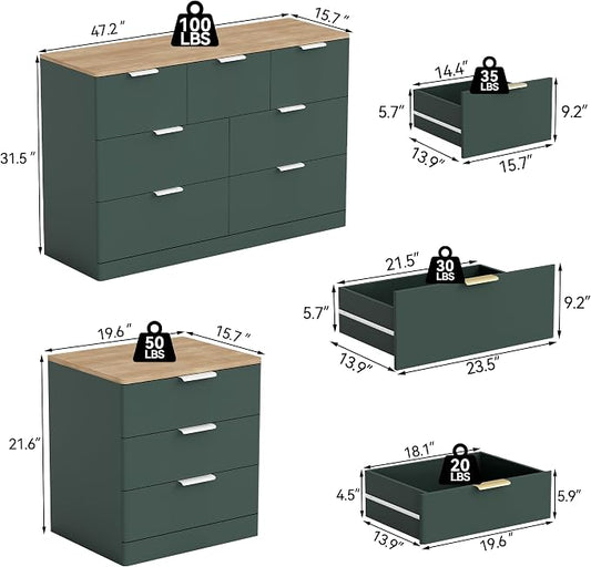 3 Pieces of Dresser and Nightstand Set,47.2" Width 7-Drawer Dresser & 3-Drawer Nightstands Set of 2 w/Gold Metal Handle, Modern Design for Bedroom,Green & Brown