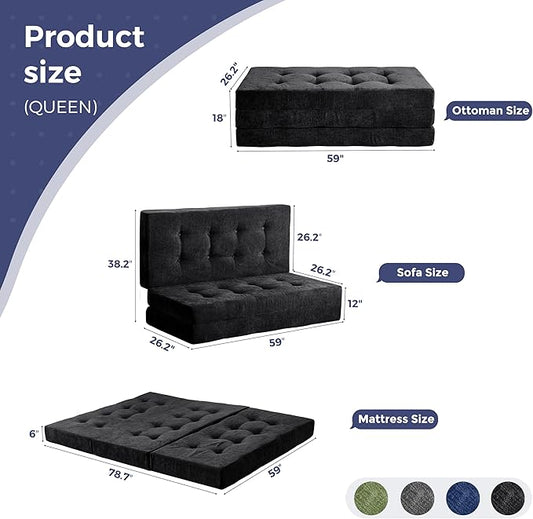 MAXYOYO 6" Folding Sofa Bed for Floor, Tufted Tri-Fold Floor Mattress with Chenille Fabric, Queen Size Portable Sofa Couch Guest Mat for Adults, Foldable Topper for Camping, Black, 59"x78.7"
