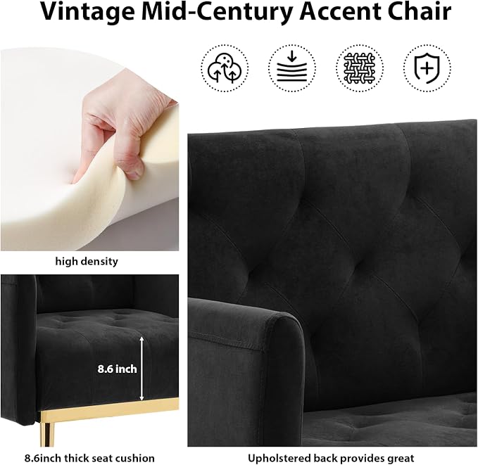 Black Accent Chair, Upholstered Velvet Armchair Comfy Modern Single Sofa Side Chair with arms and Metal Legs for Living Room Bedroom Reading