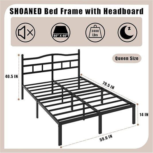 SHOANED 14 Inch Metal Bed Frame - Queen Size Heavy Duty Bedframe with Headboard Black Basic Steel Slats Platform No Box Spring Needed/Easy Assembly/Noise Free