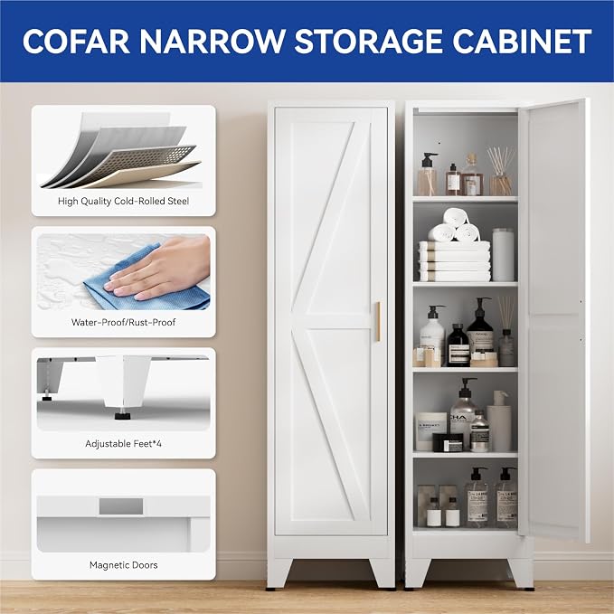 COFaR 67'' Tall Narrow Bathroom Storage Cabinet, Metal Farmhouse Skinny Pantry Cabinet with 4 Adjustable Shelves and One Door, Slim Cabinet Storage for Kitchen Laundry Garage, 5-Tier White
