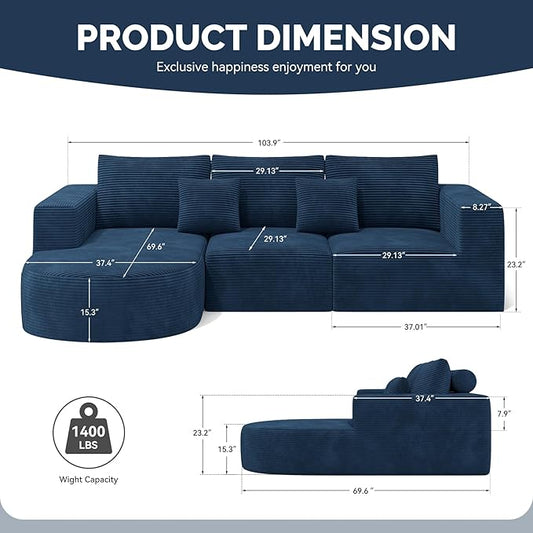 Boneless Couches for Living Room,Cloud Sectional Couch with L-Shape Chaise,Modern Modular Sofa with Deep Seat Upholstered Comfy Couches for Bedroom,No Assembly Required,1PCS