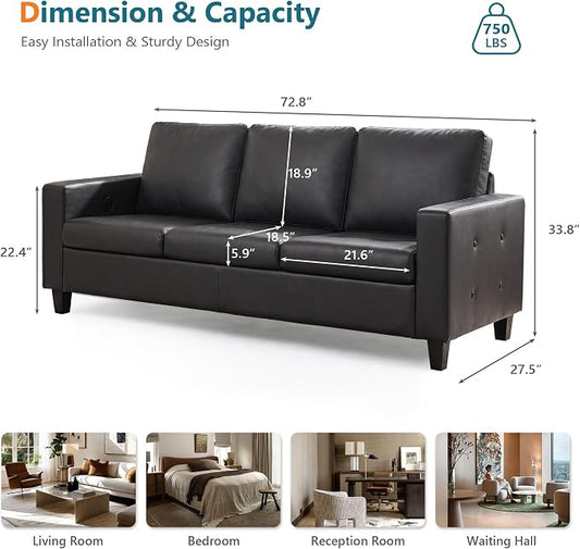 STHOUYN 73” Black Faux Leather Sofa Couch, Modern Comfy Office 3 Seater Couch Loveseat with Tufted Armrest and USB, Small Love Seat Couches for Living Room, Bedroom, Apartment