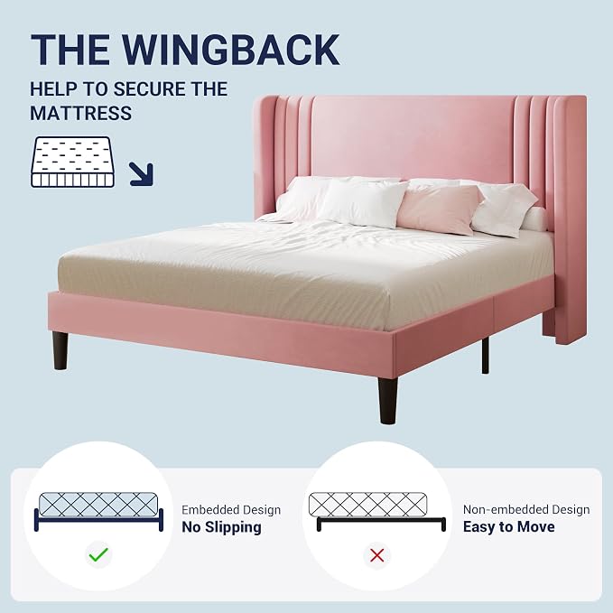 Allewie Full Size Velvet Platform Bed Frame with Vertical Tufted Wingback Headboard, Easy Assembly, Under Bed Storage, No Box Spring Required, Modern Style, Pink