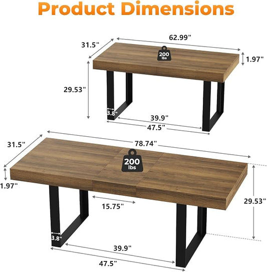Zevemomo 63"-78.7" Expandable Dining Table, 6-8 Extendable Dining Table, Rectangle Conference Table, Farmhouse Kitchen Table with Slide Track, Tapered U-Shaped Wood Legs for Office, Living Room-Brown